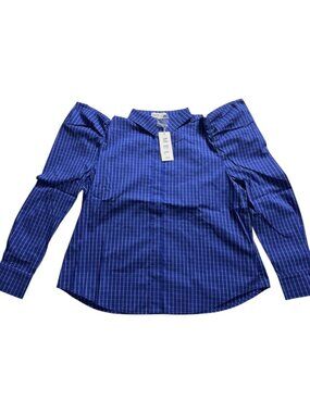 💙 MELI Puff Sleeve Blouse Size X-Large Cobalt Blue Windowpane Plaid Cotton Top